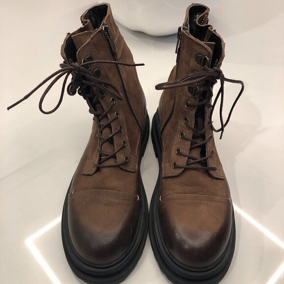 VENUS Brown Leather Chunky Heel Combat  Ankle Boot Lace Zipper Distressed EU 39 - Picture 3 of 16